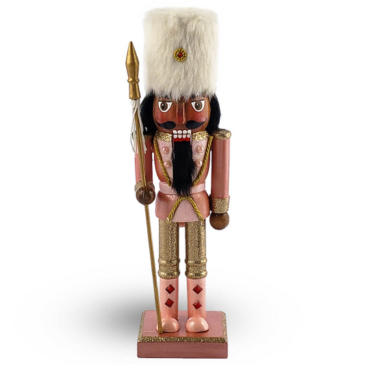 African American Soldier Nutcracker in Rose Gold White Fur Hat 10 Inch