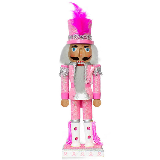 Breast Cancer Support Soldier Nutcracker Pink 10 inch - Hot Pink Feather