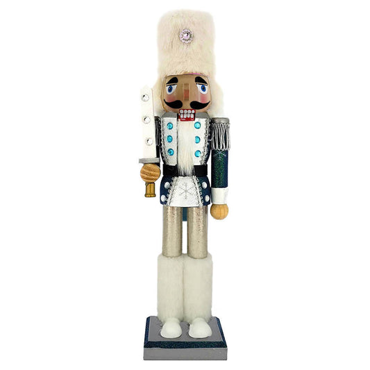 Snow Fantasy Soldier Nutcracker White and Blue Fur Hat, 15 inch